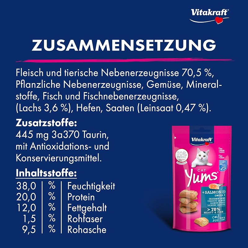 Cat Yums, Katzensnack, mit Lachs, extra fleischig, mit sichtbarer Füllung, unterstützen Haut und Fell, in Vorratsgröße, im wiederverschließbaren Beutel (9x 40g)