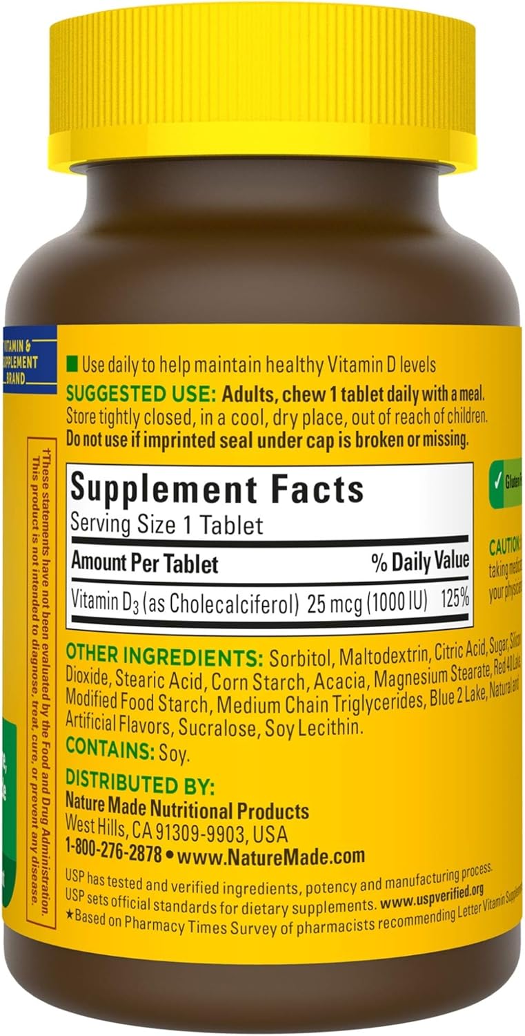 Nature Made Vitamin D3 1000 IU (25mcg) Chewable Tablets, 120 Count for