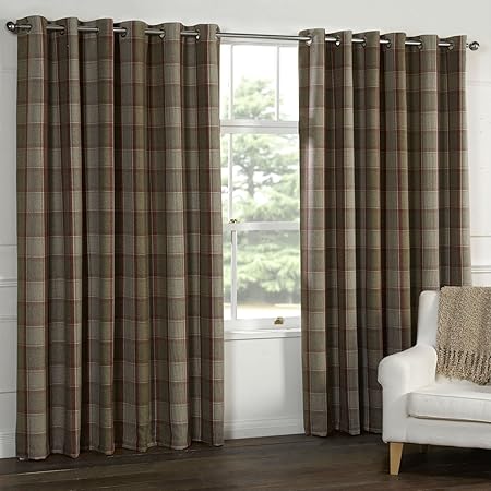 Wool Touch Heavy Lined Tartan Tweed Plaid Curtains Red Natural