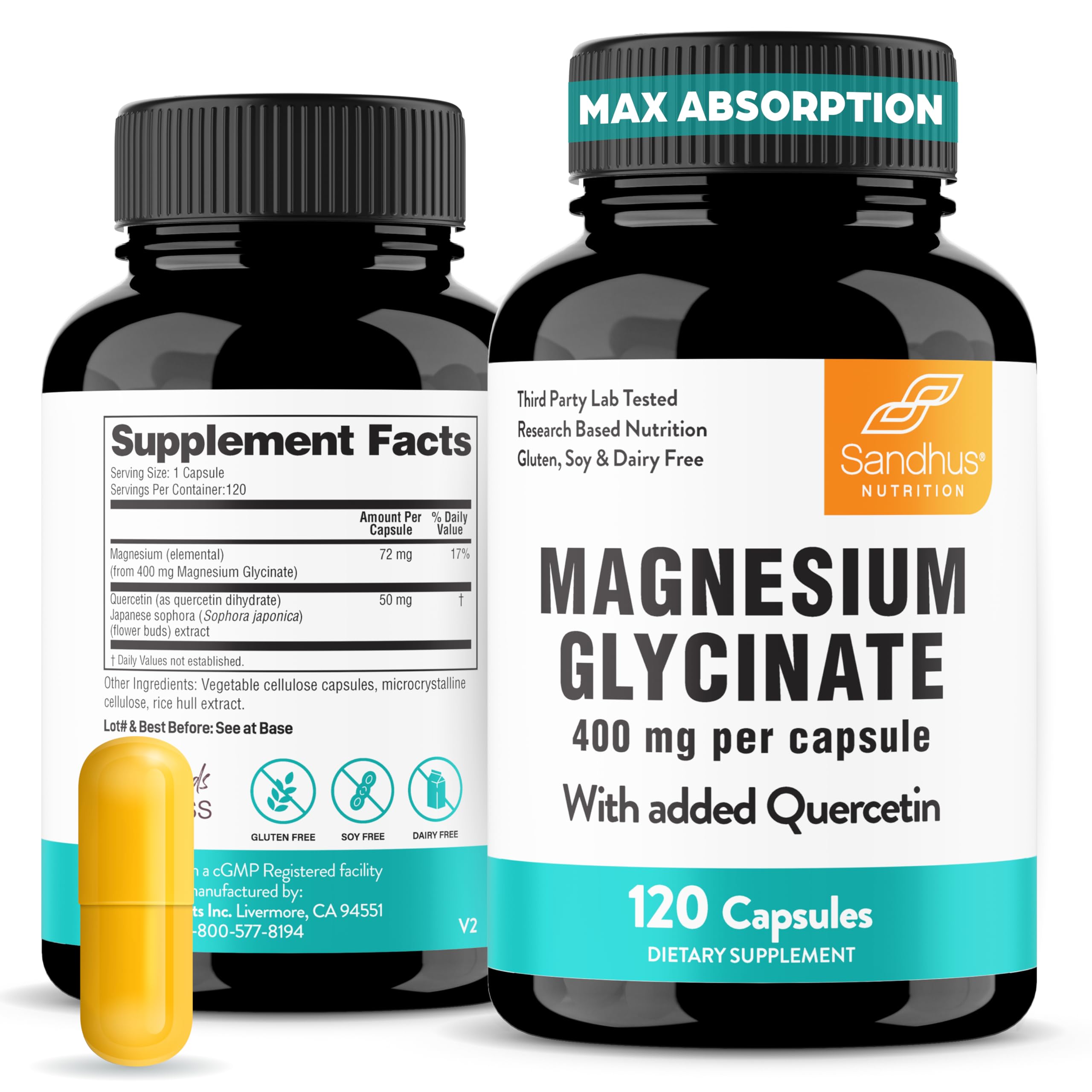 Sandhu's Magnesium Glycinate 400mg Capsules with Quercetin | Quality Sleep, Relaxation, Muscle Health & Immune Support | 120 Count (Pack of 1) | Easy to Swallow | for Women and Men