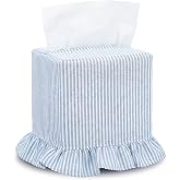 Sawysine Fabric Tissue Box Cover Blue White Stripe Coastal Square | 4.5 x 4.5 x 5.25 inch Ruffled Hem Linen Holder for Home Decor, Beach Napkin Holder for Bedroom Bathroom Office Kitchen