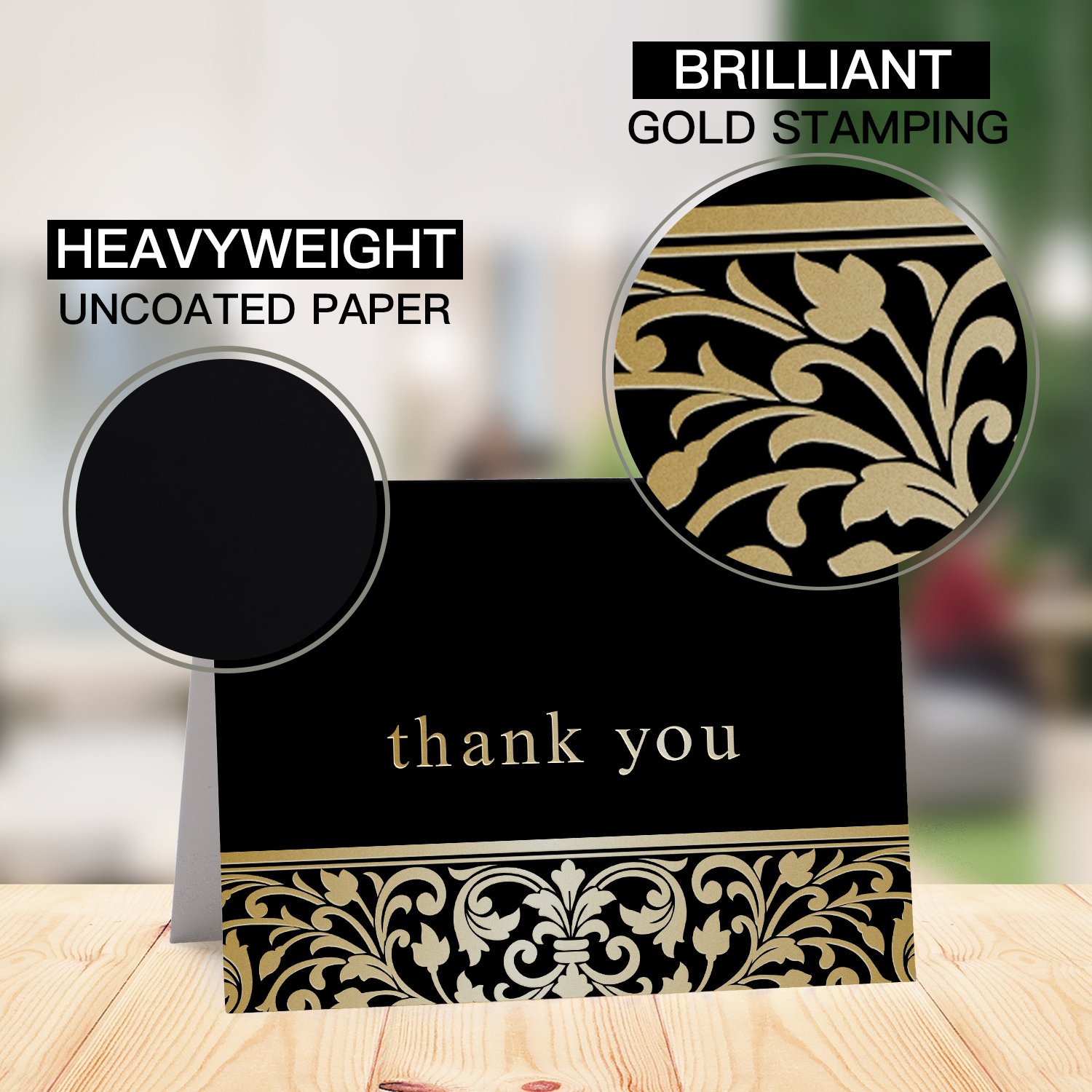 Gold Foil Blank Thank You Cards with Self Seal Envelopes - Perfect for Wedding, Baby Shower, Bridal Shower or Teacher - 4.1x5.8 Inch Size，50 Pack