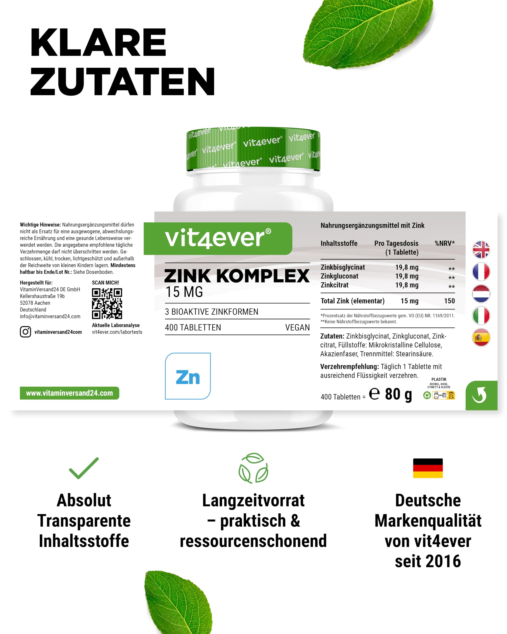 vit4ever Zink Komplex 15 mg - 400 Tabletten - 3 Zink-Formen 5