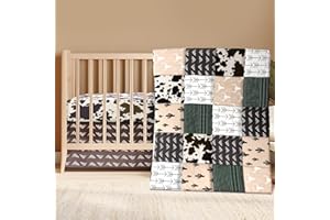 Hahafelt 3 Piece Patchwork Western Crib Bedding Set, Neutral Cow Cactus Print Baby Bedding, Barnyard Western Nursery Decor, Standard Size Soft Baby Bed Set Includes Quilt, Fitted Crib Sheet, Bed Skirt
