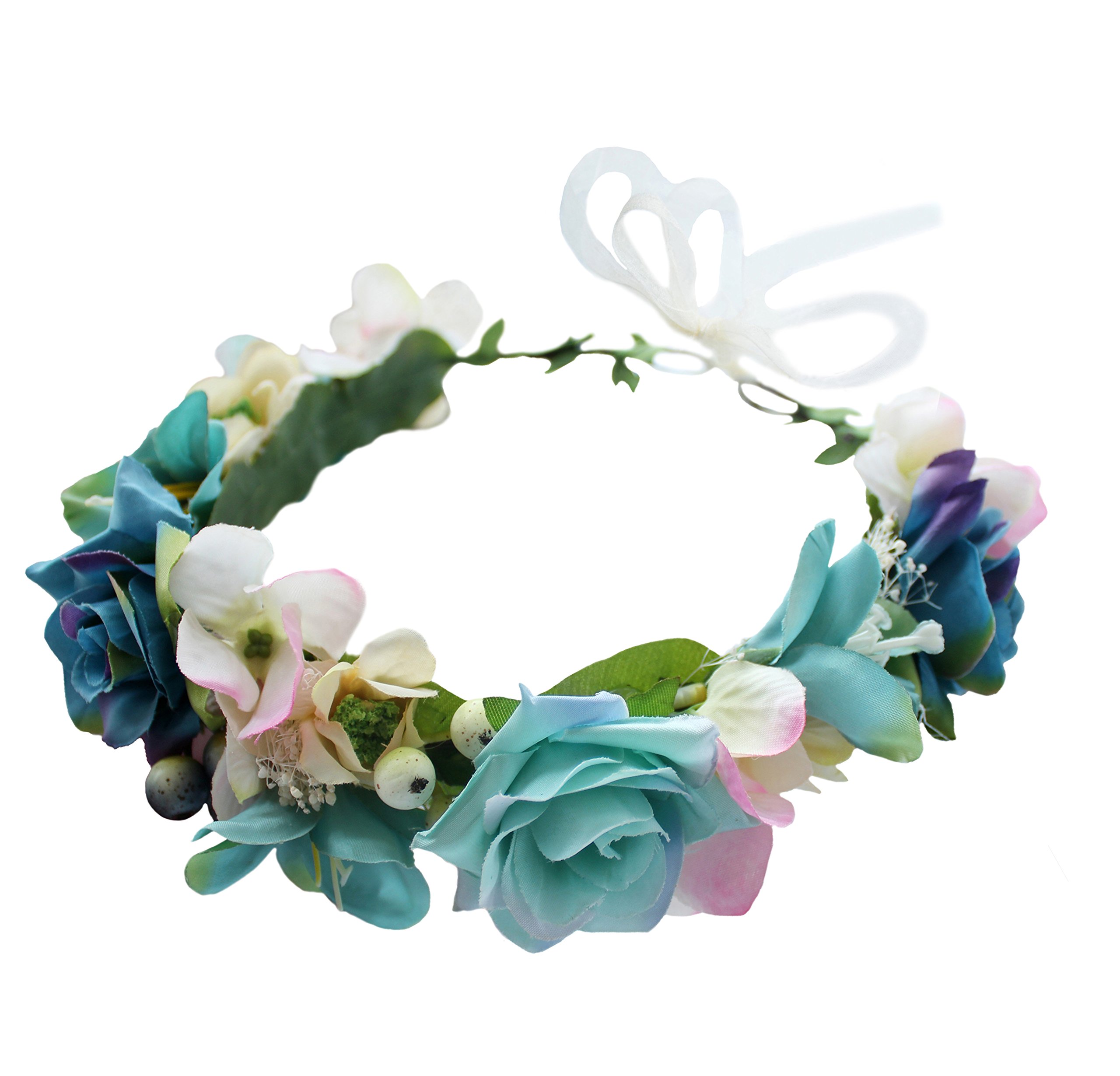 Brikuinr Floral Crown Headband Boho Flower Headband Hair Wreath Hair Garland Flower Halo Floral Headpiece with Ribbon Wedding Party Festival Blue