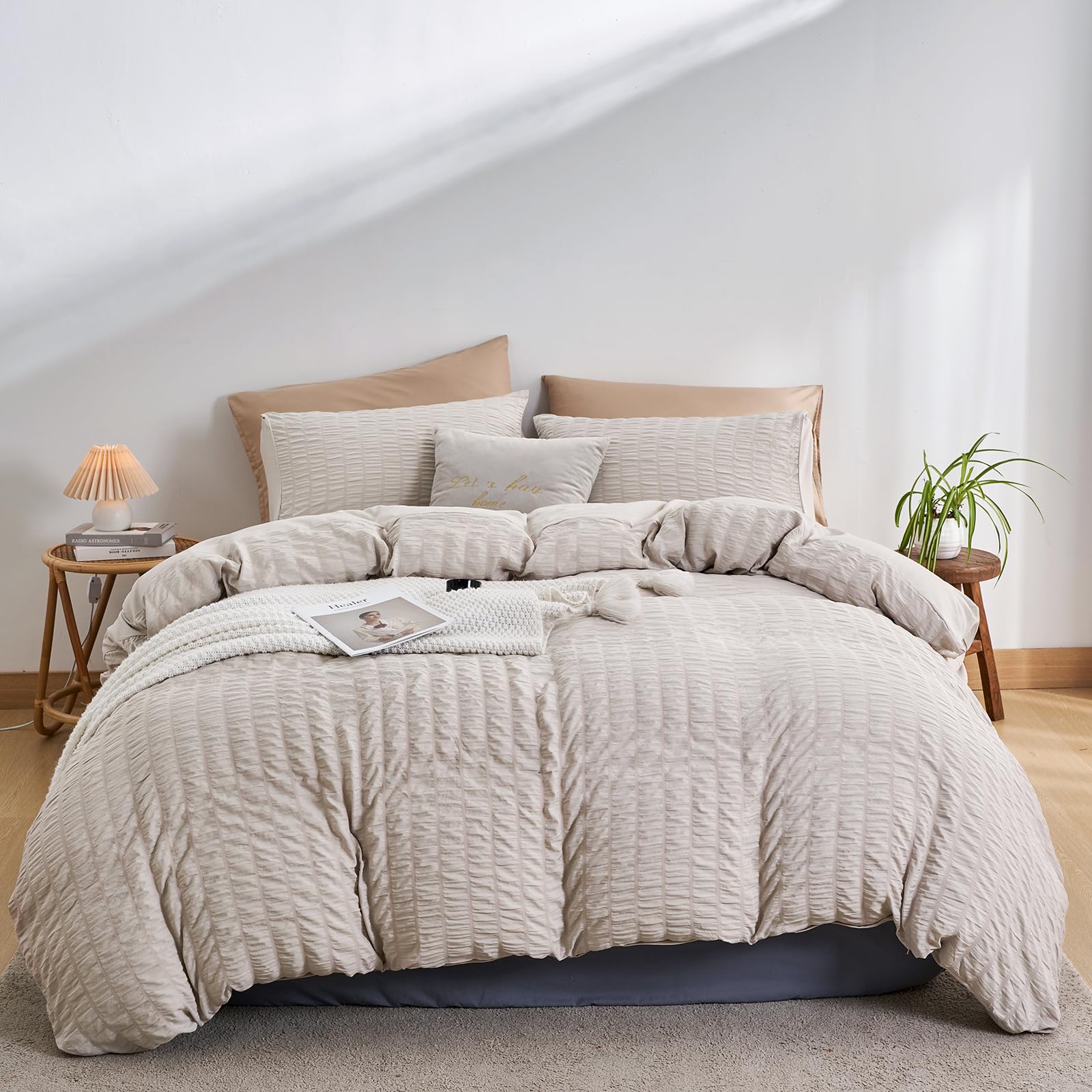 DuShow Double Duvet Cover Set Beige,Seersucker Duvet Cover Double,Textured Duvet Cover with 2 Pillowcases,Soft Breathable Bedding Set With Zipper-Beige,200×200cm