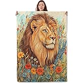 UNDAHIS Regal Lion Blanket, Soft Warm Cozy Majestic Lion & Wildflower Throw Blanket Gifts for Adults Kids Women, Lightweight Fuzzy Comfy Flannel Blankets for Couch, Travel, Bed, House Decor 60×50 Inch