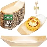 Suwodpak 100-Pack Wooden Disposable Plates 6 IN Boat Plates Food Trays Disposable Dessert Plates Disposable Food Boats for Party Weddings Picnic (Actual Size Used: 3.39" D x 1.97" W x 0.63" H)