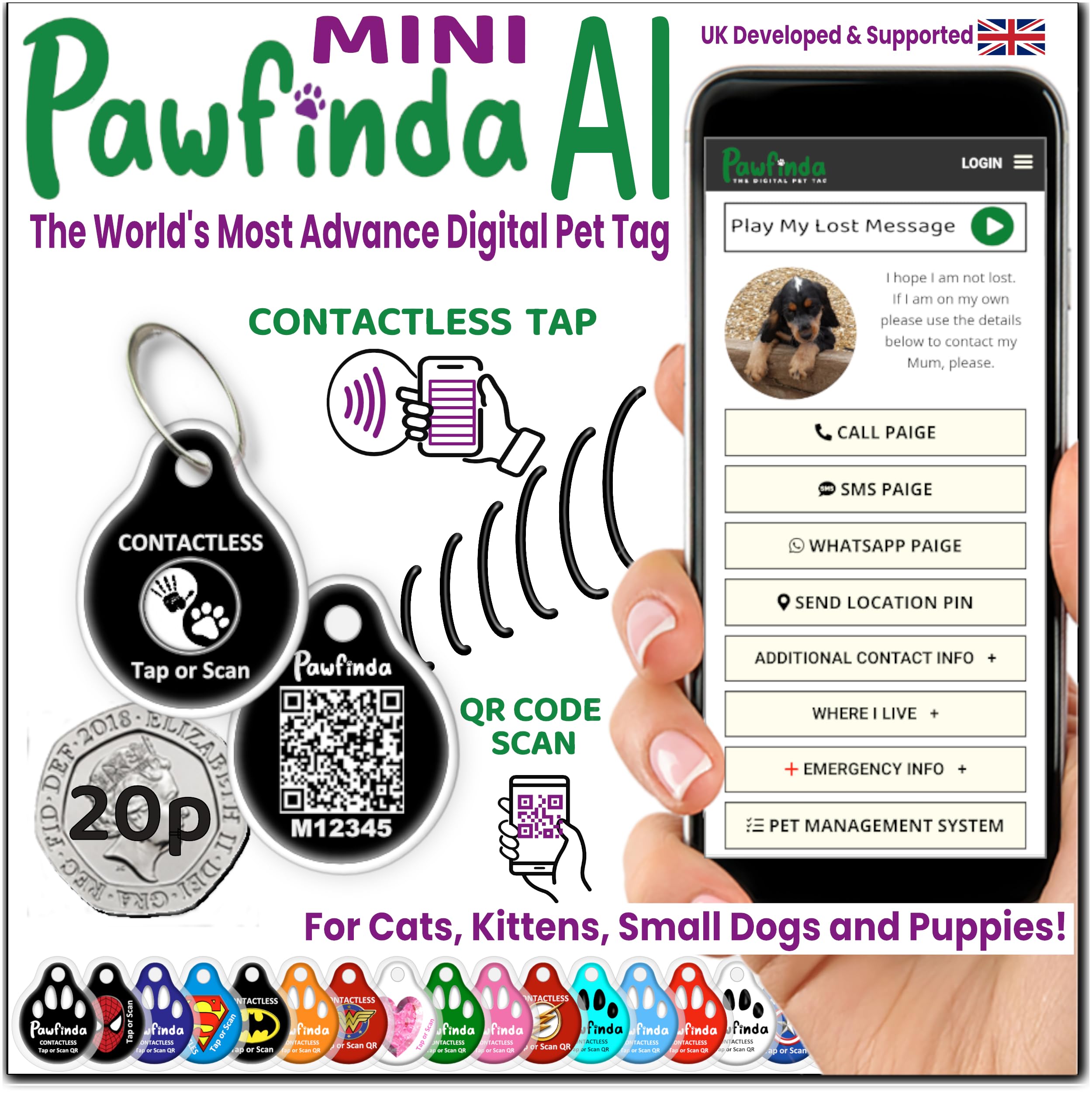 PAWFINDA – Next-Generation Personalised Cat & Dog ID Tag | Engraved Pet Tag with CONTACTLESS NFC, QR Code Technology & PawVoice AI | No App Required | Waterproof & Durable | UK-Based Support