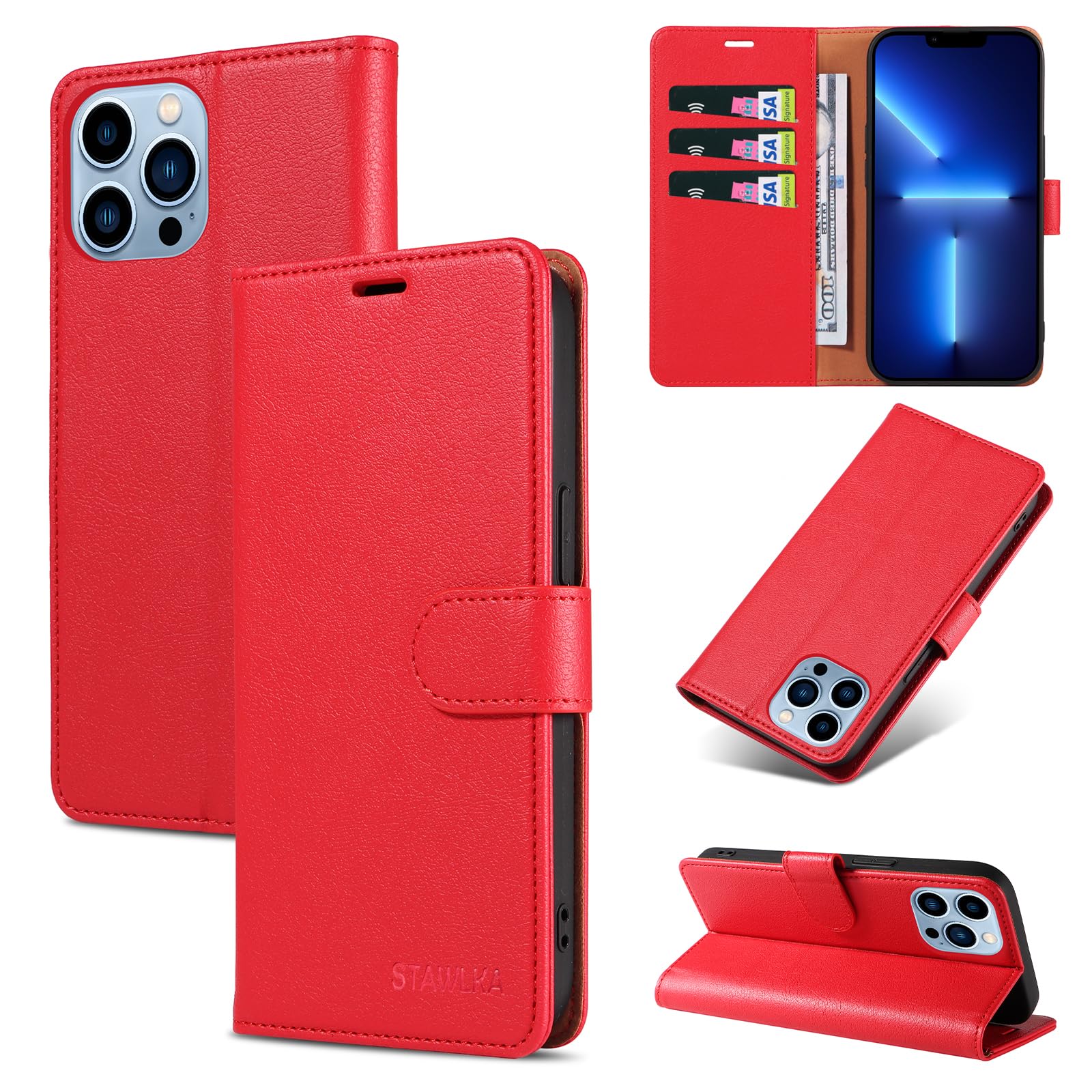STAWLKA Case for iPhone 13 Pro, Premium PU Leather Flip Magnetic Buckle Wallet Case Kickstand Blocking RFID Shockproof Protective Phone Cover for iPhone 13 Pro - Red