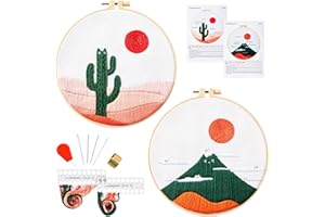 Armindou Funny Cat Embroidery Starter Kit for Beginners Adults, Stamped Cross Stitch Kit for Adult Beginner, Hand Embroidery Needlepoint Kit with Desert Sun Pattern, 2 Set Embroidery Supplies, 2 Hoops