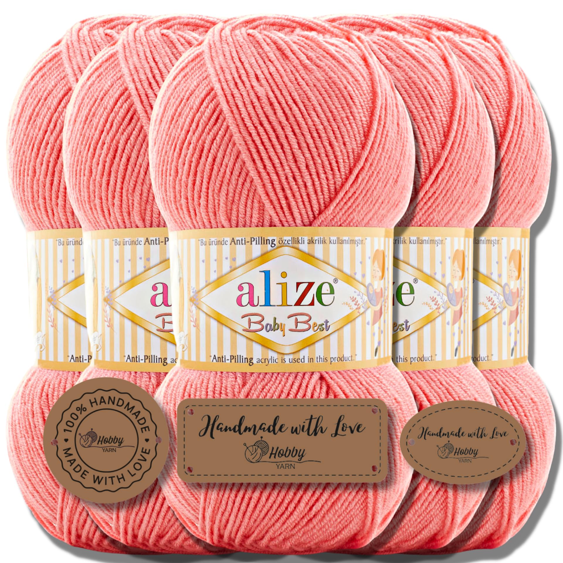 Hobby YARN 3 x Label Label with Alize Baby Best Wool Premium 5 x 100 g as a Set, Antipilling Baby Wool, Acrylic, Plain & Batik Knitting Yarn for Crochet and Knitting (Coral Oscuro 170)