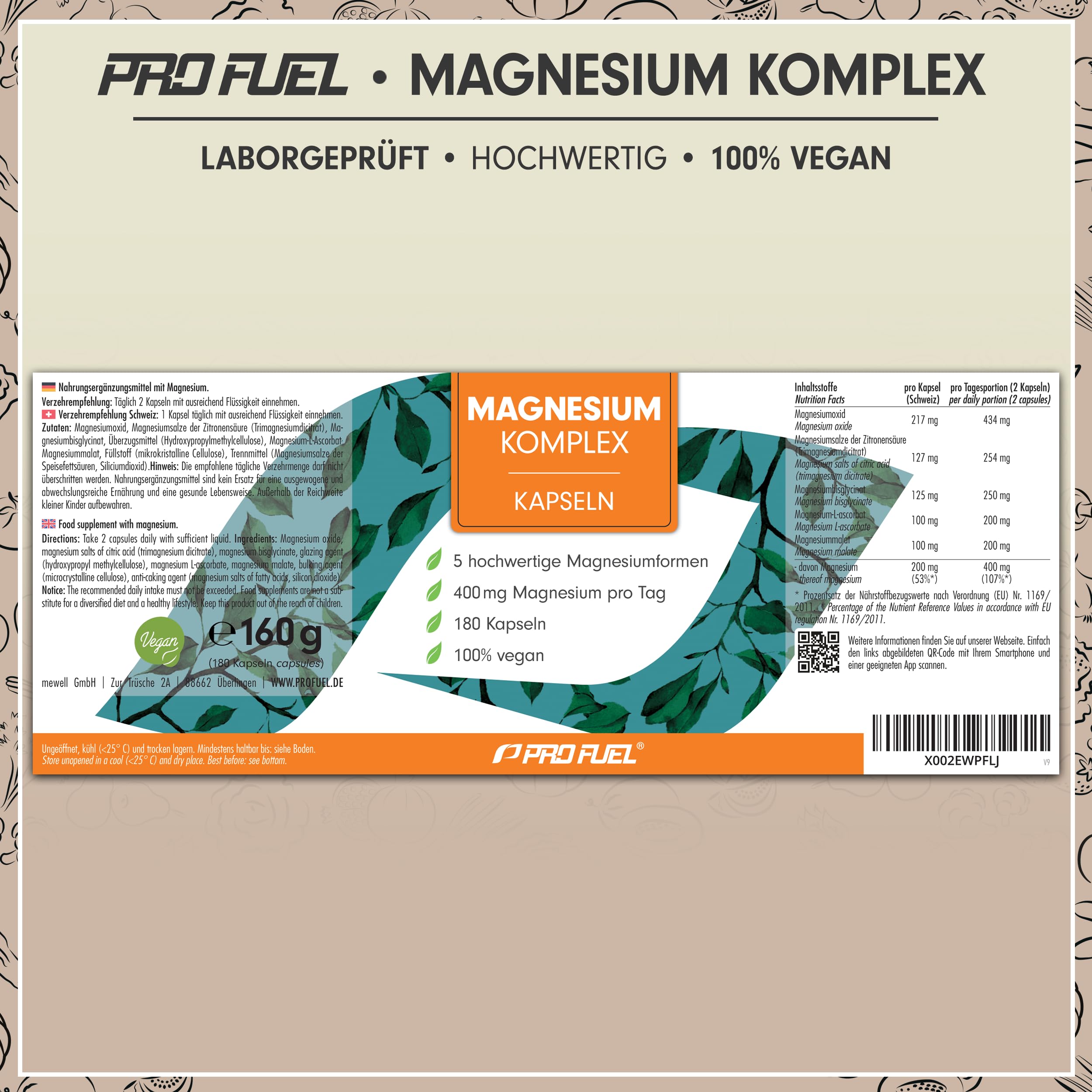Magnesium Komplex 180 Kapseln, 400 mg elementares Magnesium pro Tag, 5 hochwertige Formen: Mag.-Oxid, Citrat, Bisglycinat, Malat & Ascorbat, laborgeprüft mit Zertifikat, Vorrat für 3 Monate 6