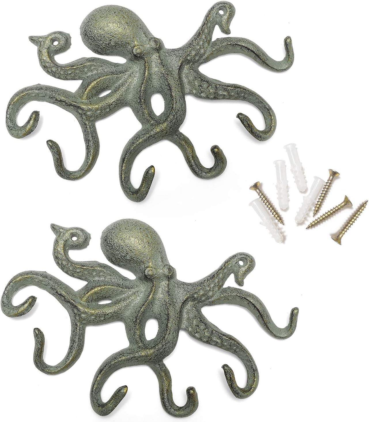 Key Holder for Wall, Iron Coat Hooks Wall Mounted Towel Hooks for Bathrooms, 2Pcs Heavy Duty Decorative Hooks - Gold Green