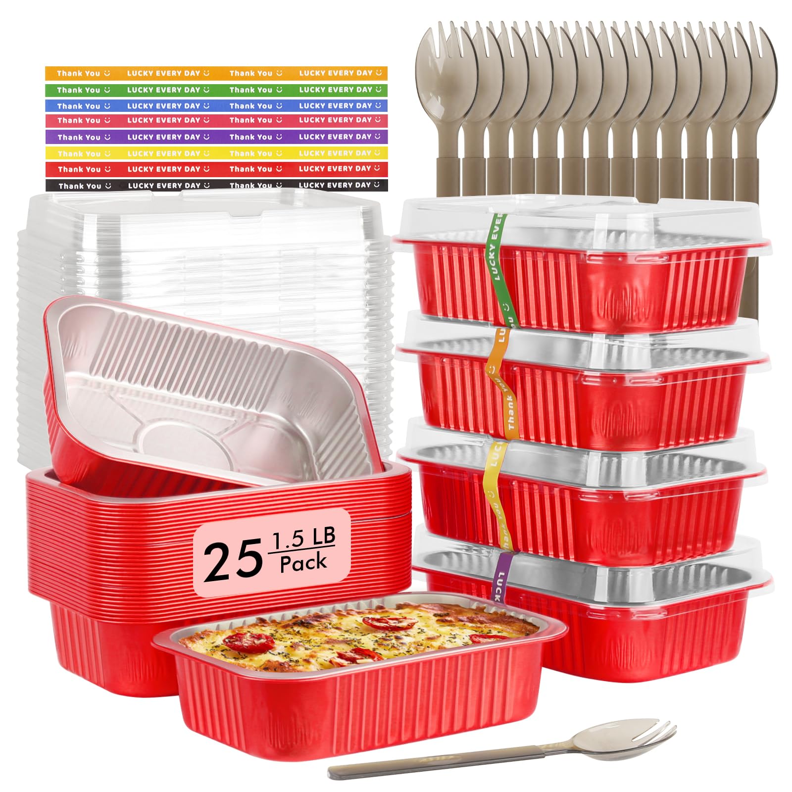 Photo 1 of 1.5lb Small Baking Pans with Lids 25 Pack,LNYZQUS 7” x 5” Aluminum Foil Containers Individual Cake Tins,24oz Heavy Duty Takeout Leftover Containers Meal Prep Holders for Christmas-Red
