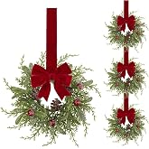U'Artlines 4 Pcs 10 Inch Mini Christmas Wreaths for Kitchen Cabinets | Small Christmas Wreath with Red Ribbon Bows Berries Pine Cones, Farmhouse Xmas Decor for Window Wall Door Indoor Holiday