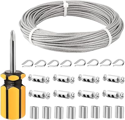 TooTaci 3mm Wire Rope Kit 20M PVC Coated Stainless Steel Cable with 8 Clamps &