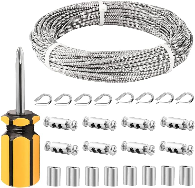 TooTaci 3mm Wire Rope Kit 20M PVC Coated Stainless Steel Cable with 8 Clamps &