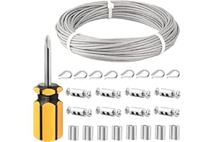 TooTaci 1/8 Wire Rope, 66ft 1/8 Vinyl Coated Aircraft Cable, Stainless Steel Wire Cable 7×7 Strands with Wire Rope Clamps, Cr