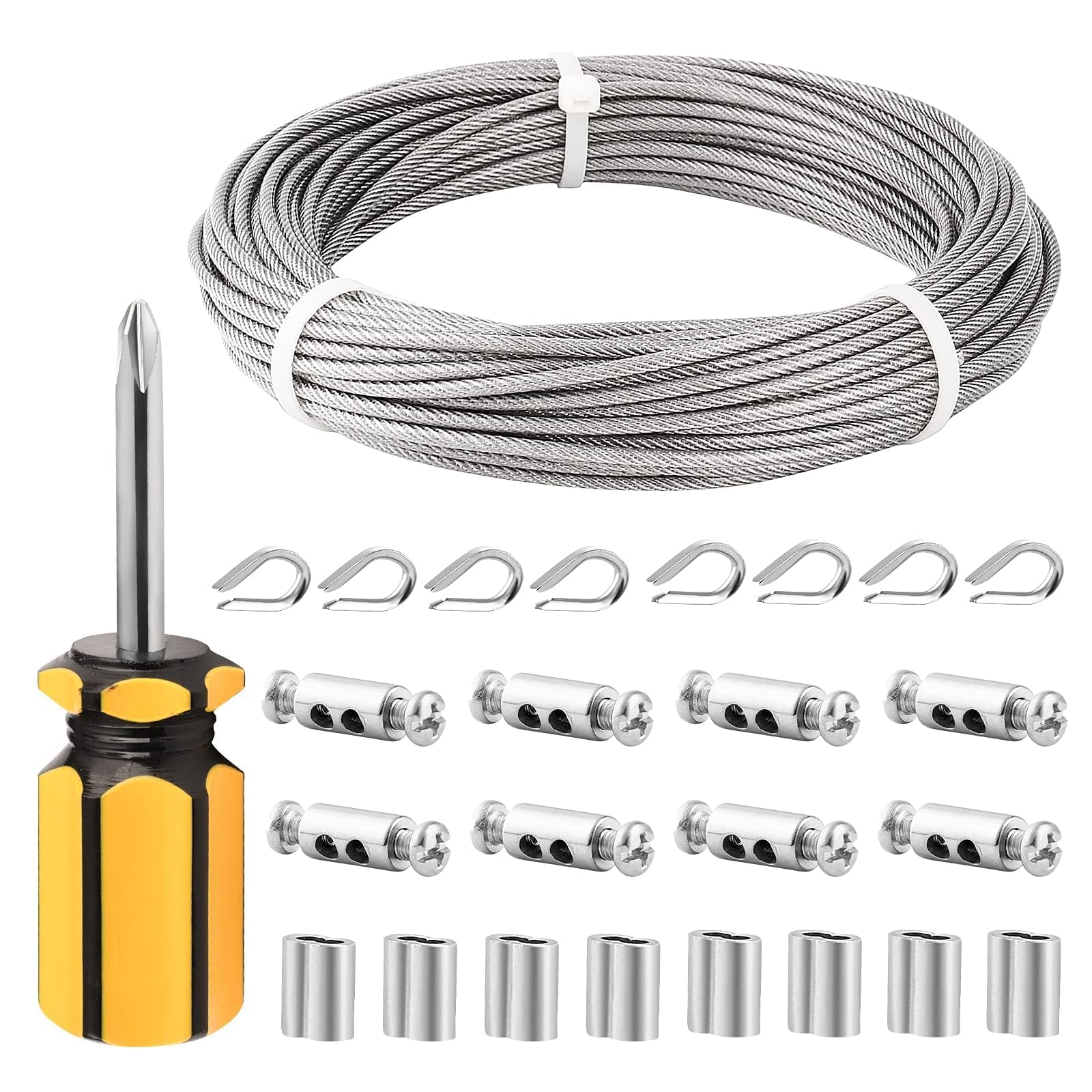 TooTaci 3mm Wire Rope Kit, 20M/3mm PVC Coated Stainless Steel Cable Wire Rope with 8pcs Rope Clamps & M3 Thimbles, Crimping Sleeves, Steel Wire Ideal for DIY Hanging, Garden, Fence, Curtain Wire