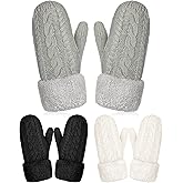 SATINIOR 3 Pairs Women Mittens Winter Gloves Warm Fleece Lining Mittens Cozy Thick Crochet Cable Knit Gloves for Women Girls Cold Weather, Black, White and Grey, About 10 x 3.9 Inches