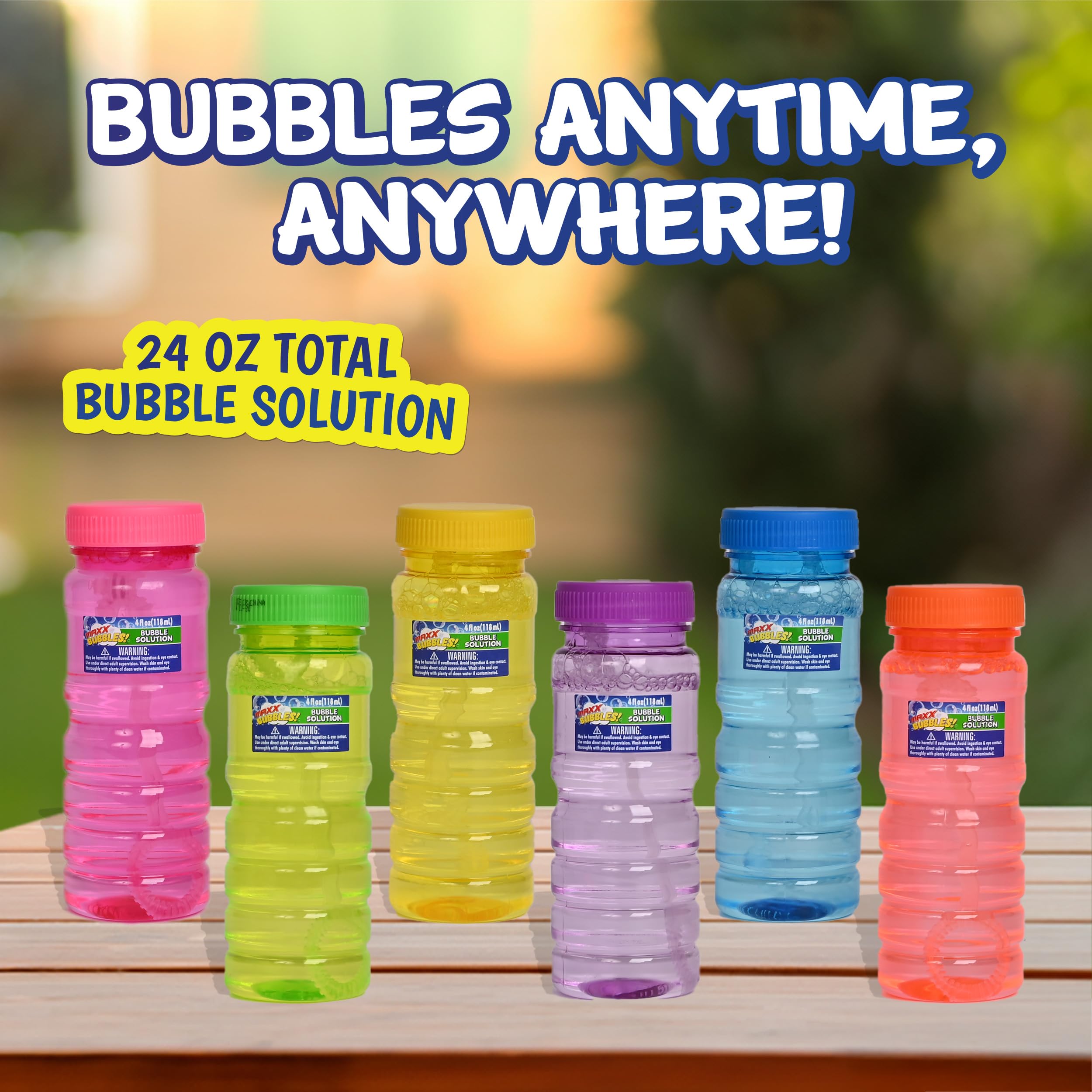 Sunny Days Entertainment 6 Pack Bubble Solution – 4oz Bubble Blower Bottles with 6-Hole Wand | Bottle of Bubble Solution for Kids | Birthday Party Favor Toy - Maxx Bubbles