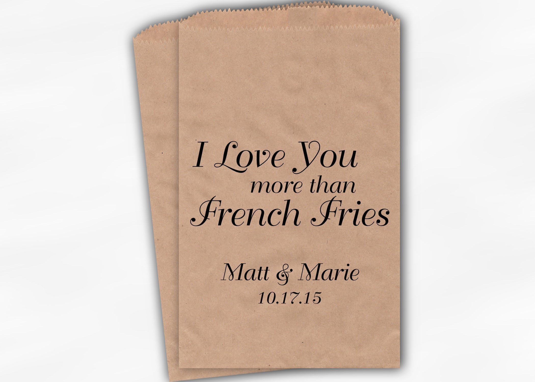 Love You More Than French Fries Wedding Favor Bags for Candy Buffet in Black - Personalized Set of 25 Kraft Paper Bags (0154)