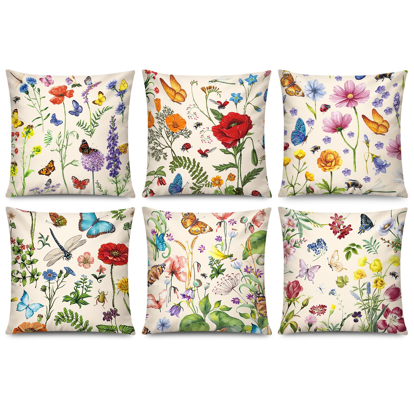Photo 1 of COMMINY Red Pink Flower Pillow Cover 18x18 Set of 6 Summer Throw Pillow Covers Colorful Floral Cushion Covers for Couch Sofa Living Room Home Decor