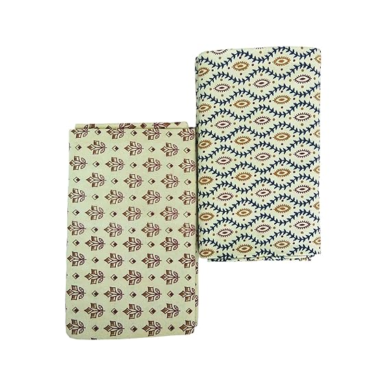 Men's Cotton Hand Block Print Handloom Lungis (Off-White, Free Size, 2.25 m) -Set of 2