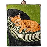 Lugiu Nap Cat Blanket, Lightweight Comfy Peaceful Sleeping Kitten Blankets for Couch Sofa Bedroom, Soft Plush Travel Flannel Tabby Theme Throw Blanket Gifts for Adults Kids Women, Home Decor 60×50in