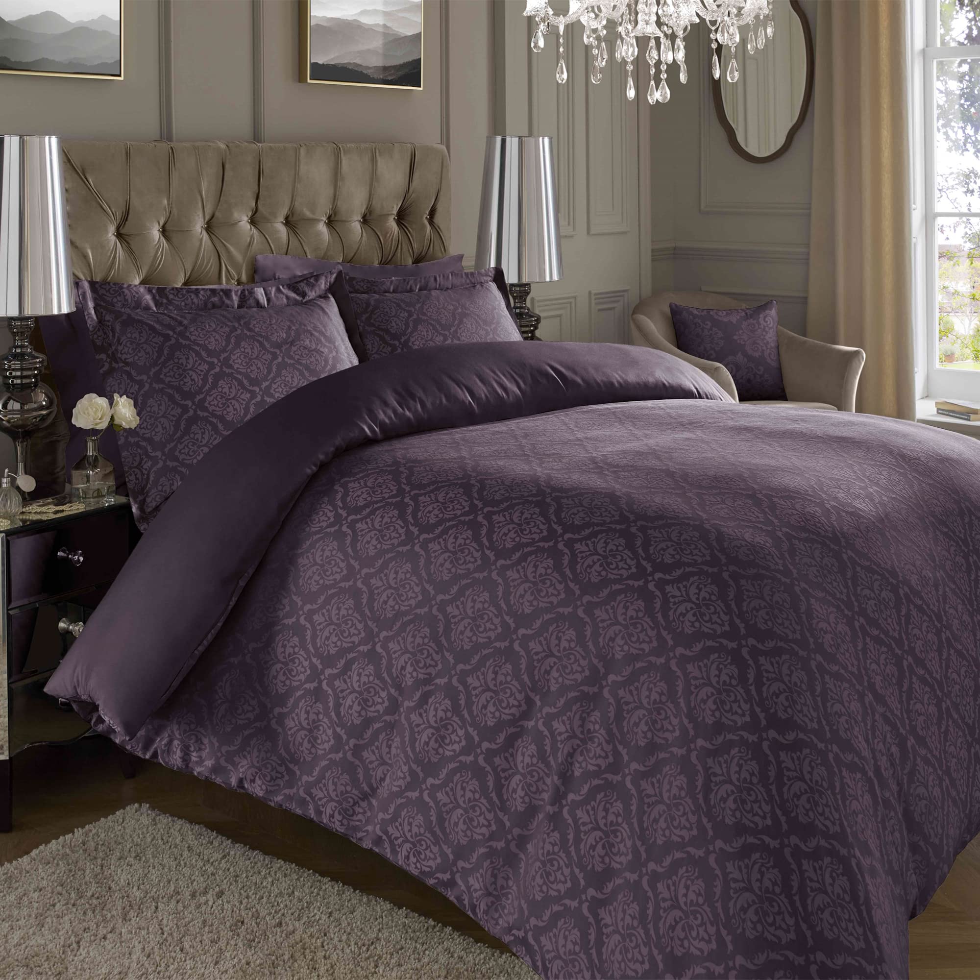 ED Luxury 600 Thread Count Jacquard Duvet Cover 3 Piece Set | Super Soft Cotton Rich & Warm Bedding | Damask Pattern Quilt Cover (Super King, Plum Ornamental)