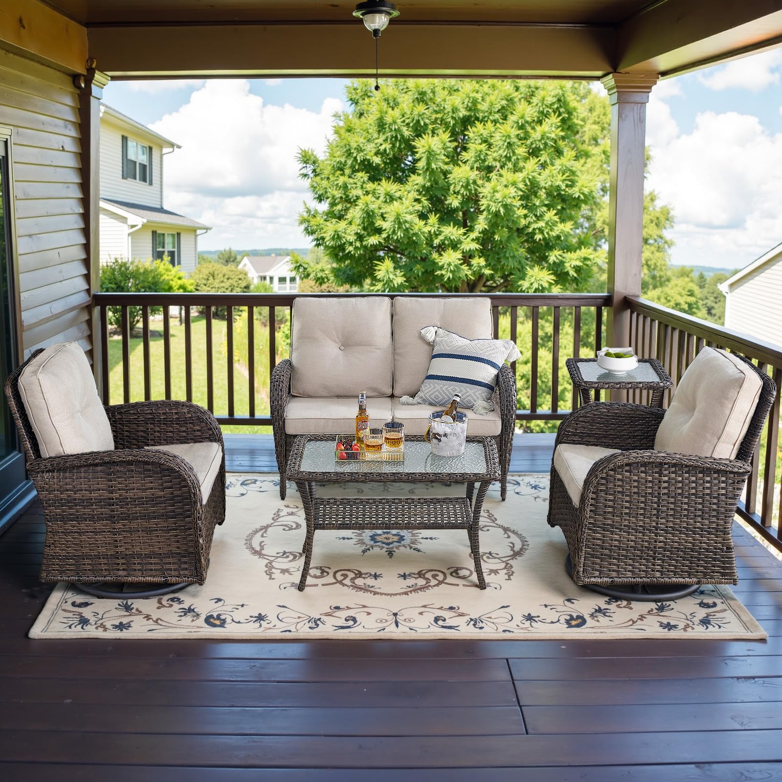 Belord 5 Piece Wicker Patio Furniture Set - Outdoor Conversation Sets with Deep Seating Swivel Rocker Chairs Loveseat and Rattan Coffee Table for Deck Backyard Poolside, Brown Wicker/Beige Cushion Image Belord 5 Piece Wicker Patio Furniture Set - Outdoor Conversation Sets with Deep Seating Swivel Rocker Chairs Loveseat and Rattan Coffee Table for Deck Backyard Poolside, Brown Wicker/Beige Cushion Image