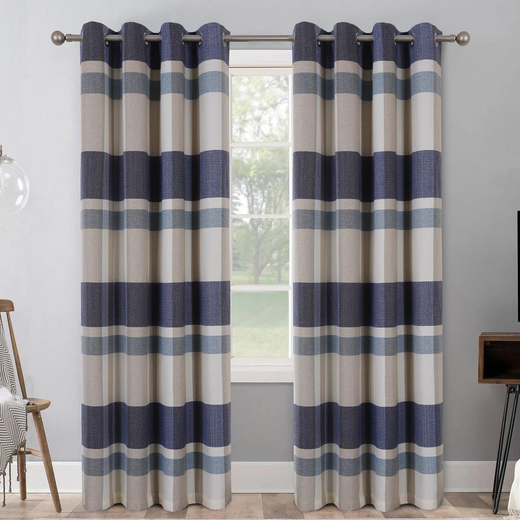 always4u 100% Blackout Curtains Check Eyelet Bedroom Tartan Curtain Plaid Woven Brushed Cheque Pair of Highland Woolen Look Window Treatment for Living Room Dark Blue 46 * 54 Inches