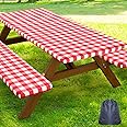 Smiry Picnic Table Cover with Bench Covers, Waterproof Elastic Fitted Tablecloths for 8 Foot Rectangle Tables, Washable Buffalo Plaid Tablecloth for Camping, Outdoor (Red & White, 30"x96")