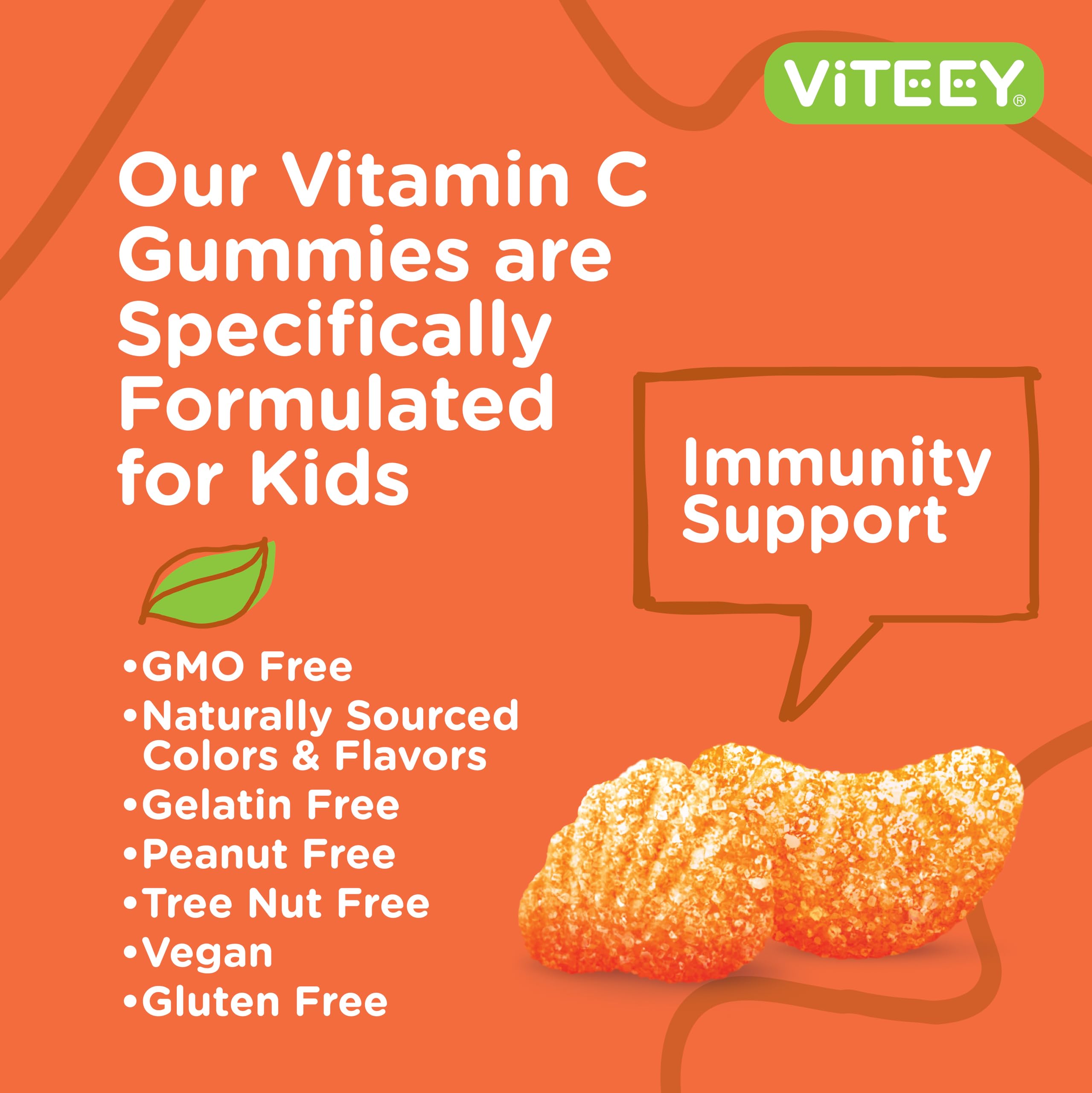 Viteey Kids Vitamin C Gummies - Immune Support for Kids, Toddlers, & Teens - Vegan, Gelatin Free, Gluten Free, GMO Free - Tasty Chewable Orange Flavored Immunity Gummy
