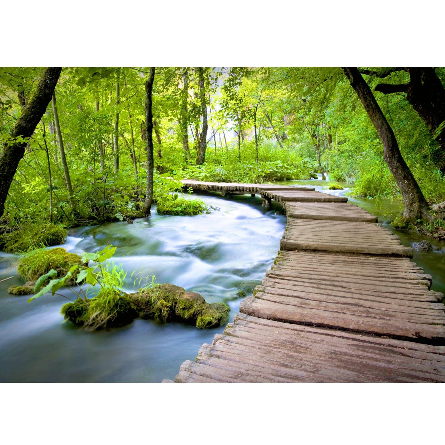 Runa Art Photo Wallpaper Waterfall Bridge 352 x 250 cm Non-Woven Wall Art XXL Moderne Living Room Bedroom Green Beige 9035011a