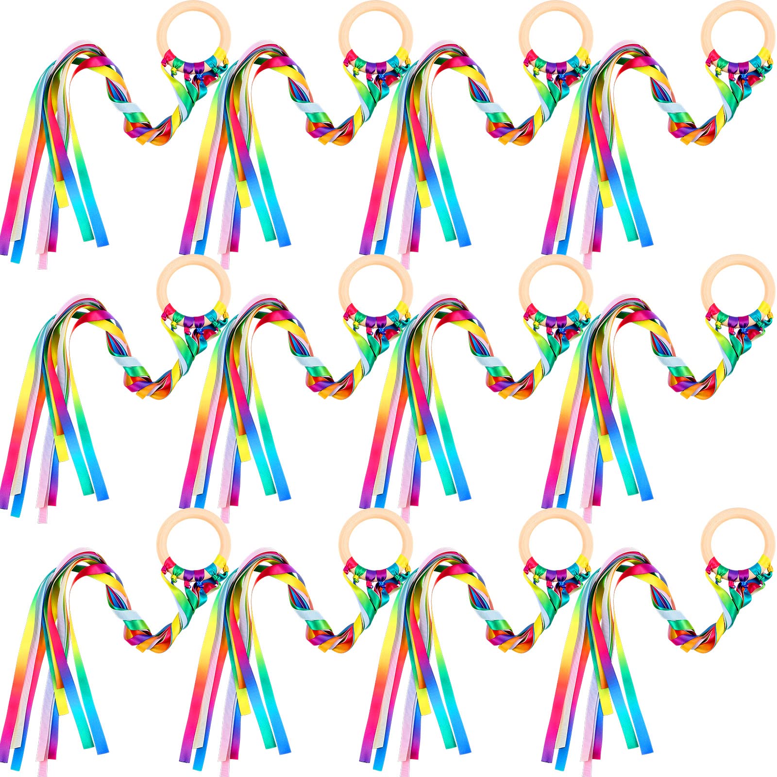 Photo 1 of 12 Pcs Rainbow Ribbon Wooden Waldorf Toys Creative Waldorf Hand Kite Set Streamers with Wood Ring Sensory Learning Educational Toy for Playroom Dancing Birthday (Gradient)