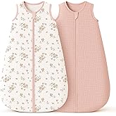 Konssy Muslin Baby Sleep Sack 6-12 Months 0.8 TOG, 2 Pack 100% Cotton Wearable Blanket for Babies, 2-Way Zipper Breathable Sleeping Sack Infant Toddler Essentials for Girls and Boys (Blossom, Pink)
