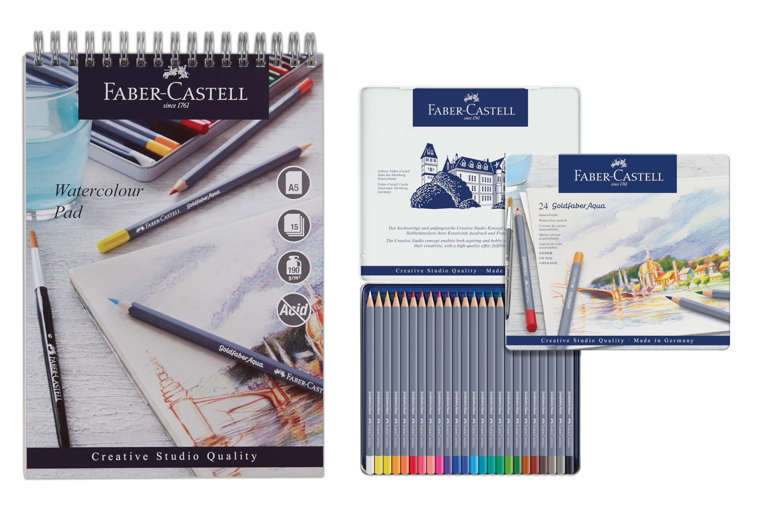 Faber-Castell Goldfaber Aqua, Watercolour Pencils, Tin Of 24 & Watercolour Pad, A5, Spiral Bound Paper, 190 GSM, 15 Sheets
