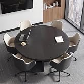 LITTLE TREE 47 Inches Round Conference Table for 4-6, Small Meeting Table, Modern Circle Podcast Table, Business Style Wooden Office Training Table with Strong Pedestal for Office Conference, Black