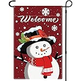 Welcome Christmas Garden Flags for Outdoor Decorations, Double Sided Snowman with Snowflakes Print Red Burlap Yard Flags for Seasonal Holiday Winter Xmas Rustic Farmhouse Outdoor Decor11.8×18.1 Inch