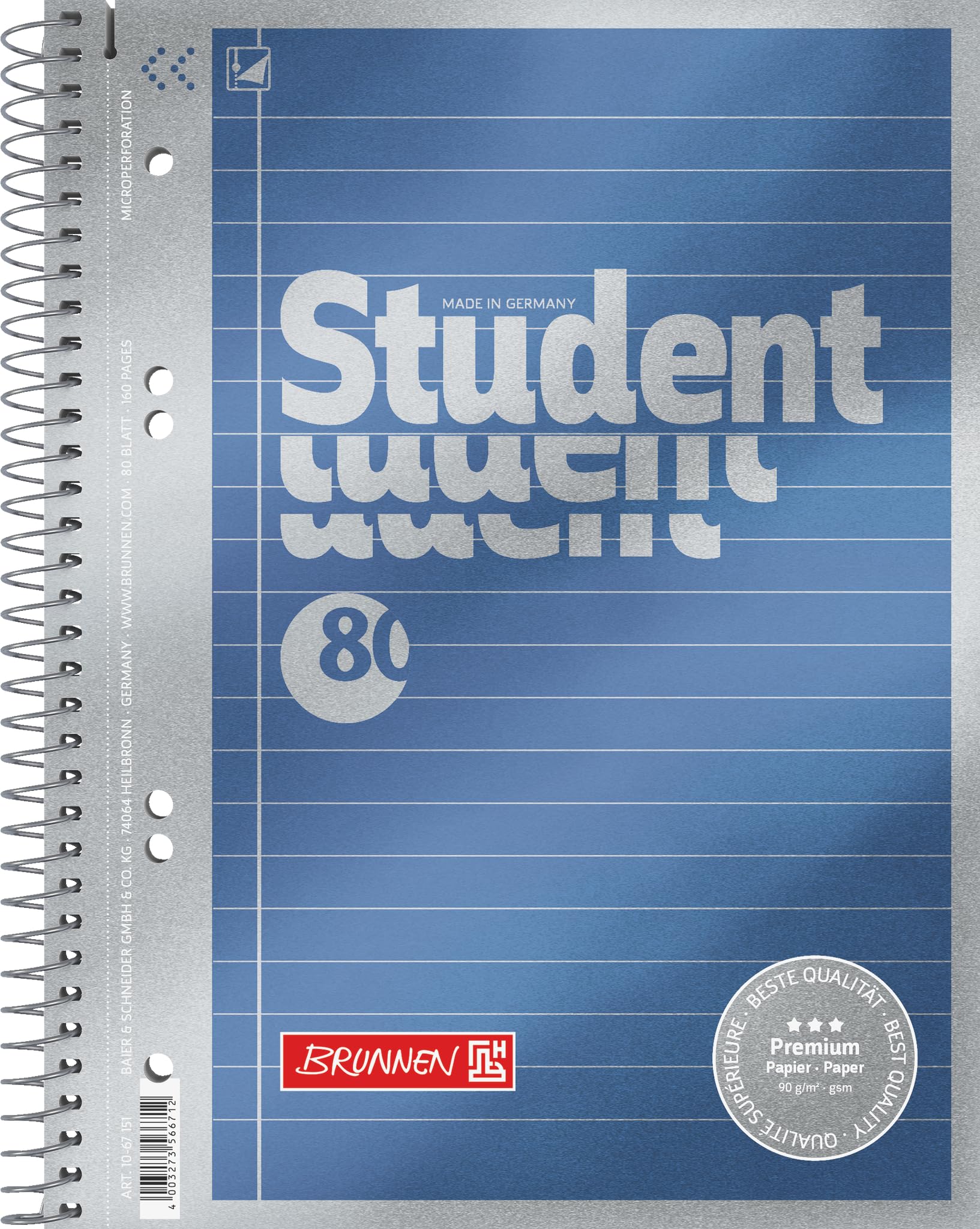 BRUNNEN Premium Student College Notepad, A5, Line Style 4, 80 Sheets, Blue
