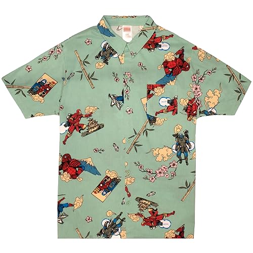 Marvel Comics Samurai Themed Woven Shirt, Unisex Button Down Shirt Iron Man Spiderman Deadpool (Sage Green, Medium)