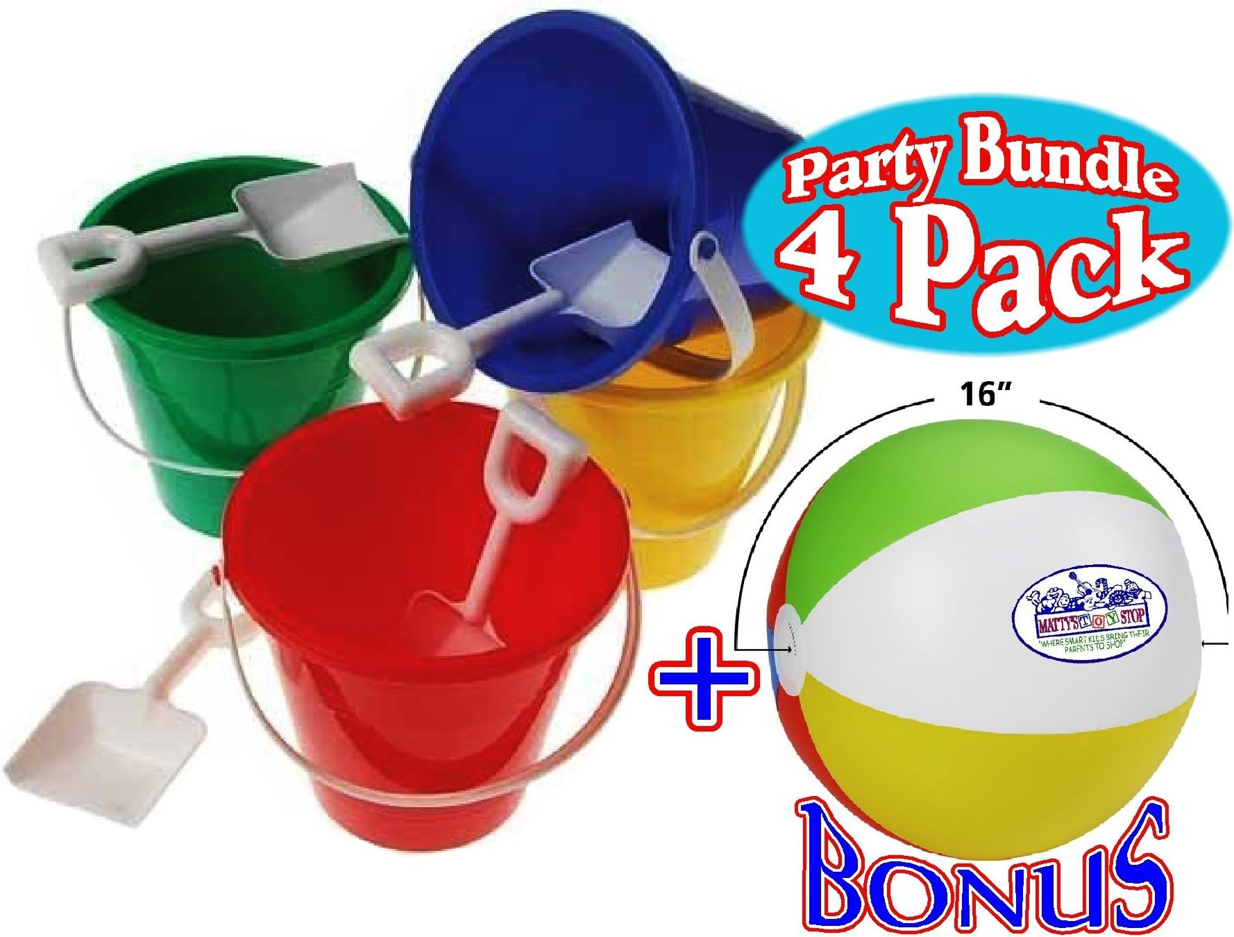 Drybranch Sport Design Beach Gear 5.5" Sand Buckets (Pails) & Shovels Red, Blue, Green & Yellow Party Set Bundle with Bonus "Matty's Toy Stop" Beach Ball - 4 Pack