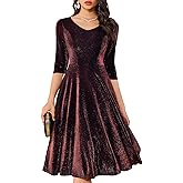 Dressystar Womens Velvet Midi Sequin Cocktail Dress Fall Winter Long Sleeve Formal Wedding Guest Party Dresses with Pocket