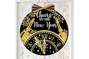 Moucuny Happy New Year Decorations 2026 Cheers to the New Year Front Door Sign Black and Gold Wreaths Wooden Hanging Welcome Door Hanger Farmhouse Sign for Home Front Doors Decor