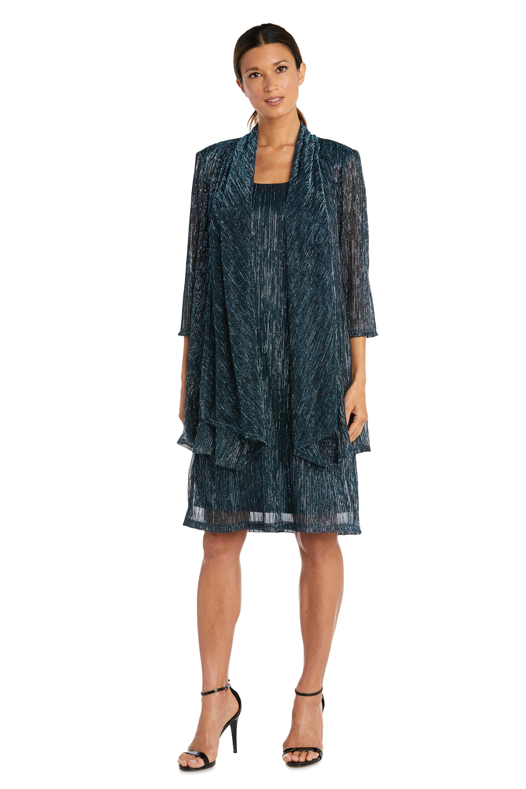 R&M Richards Women’s Metallic Sleeveless Jacket Dress, Peacock