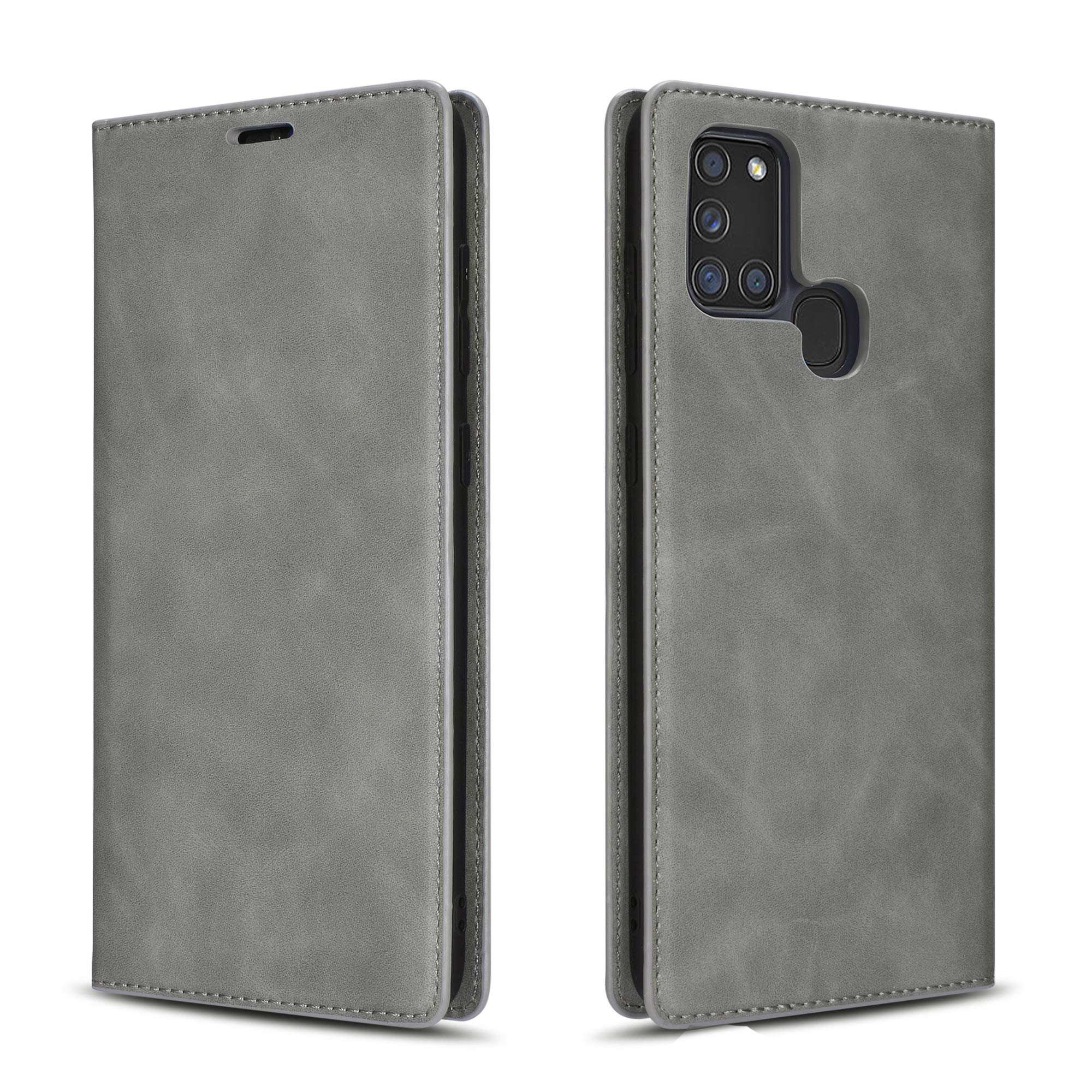 QLTYPRI Case for Samsung Galaxy A21S, Premium PU Leather Cover TPU Bumper with Card Holder Kickstand Hidden Magnetic Adsorption Flip Wallet Case Cover for Samsung Galaxy A21S - Grey