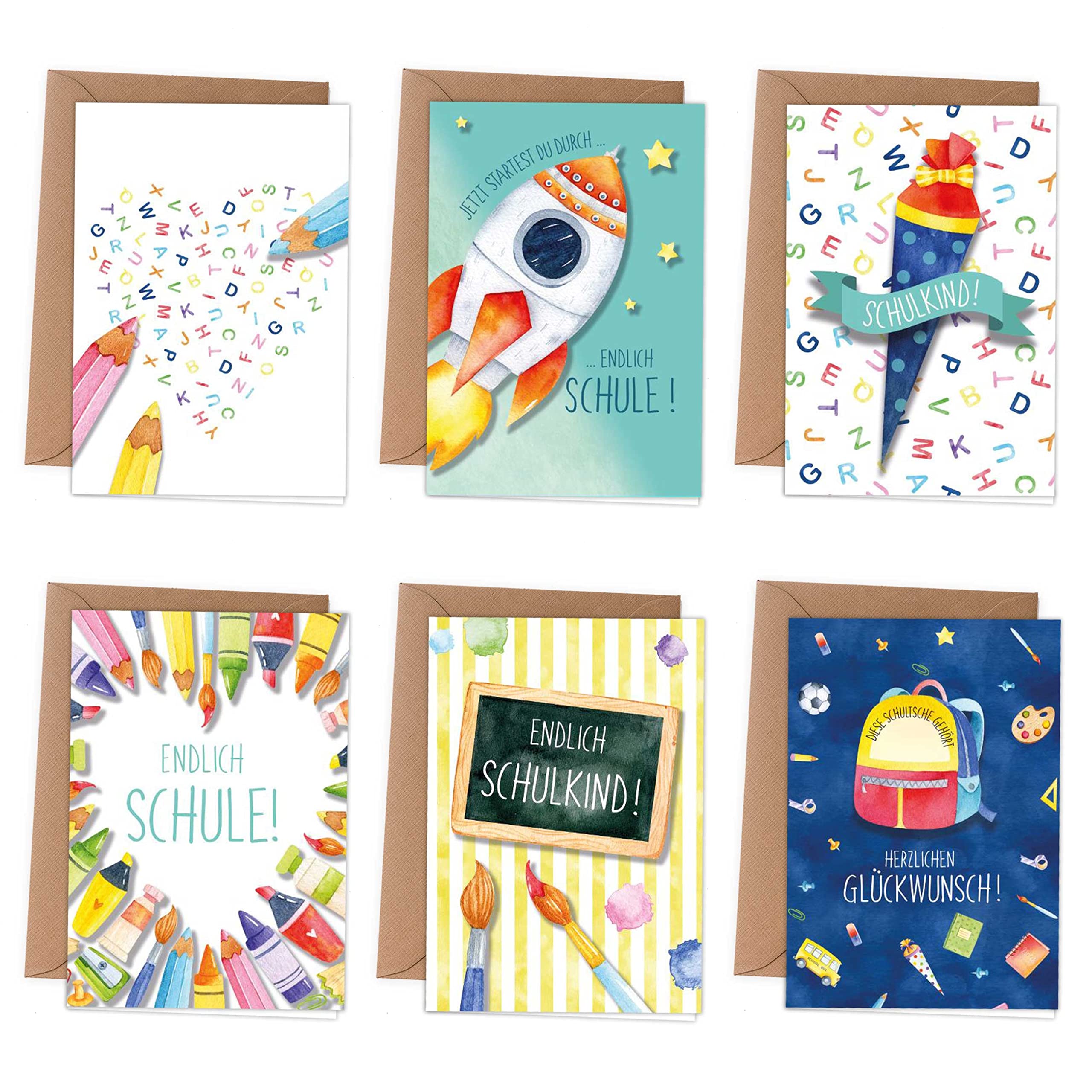 Papierdrachen 6 Folding Cards for First Day of School – Greeting Cards with Envelope for Starting School – Greetings for the School Child – Child-friendly Greeting Cards for the First Day of School –
