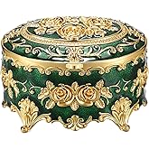 Hipiwe Vintage Jewelry Box Oval Trinket Display Case with Rose Pattern Decorative Green Treasure Box Ring Holder for Women